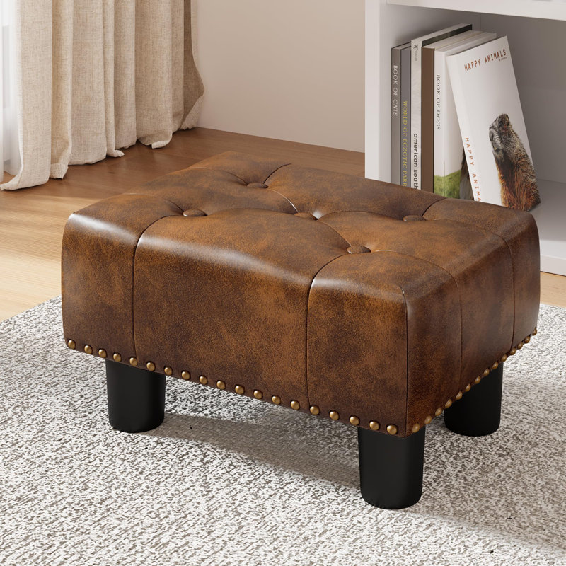 Small Tufted Foot Stool Yellowish Brown Rivet Faux Leather Footrest With Plastic Legs 9 H Rectangle Foot Stools For Adult With Non Slip Pads Sofa